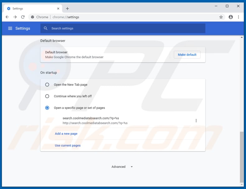 Removing search.coolmediatabsearch.com from Google Chrome homepage