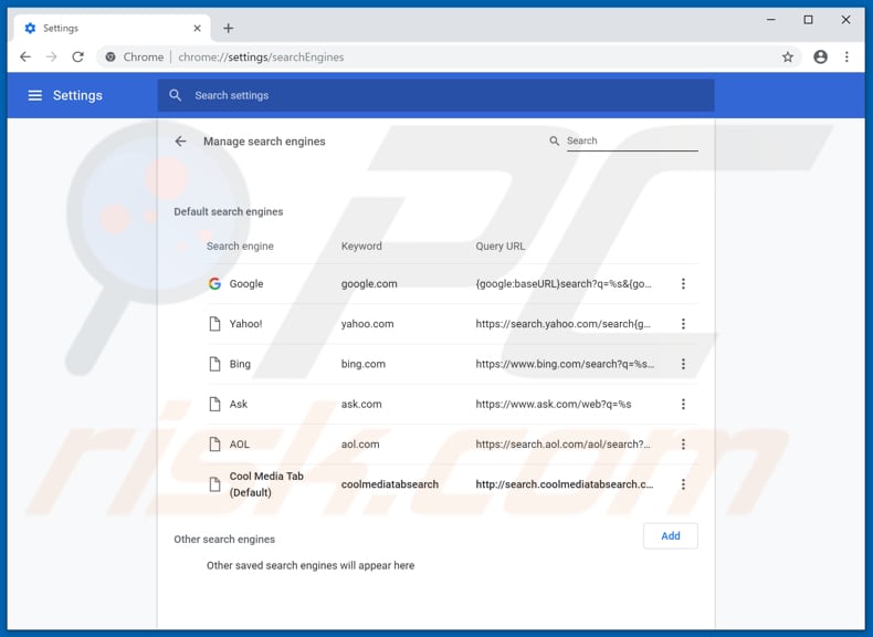 Removing search.coolmediatabsearch.com from Google Chrome default search engine