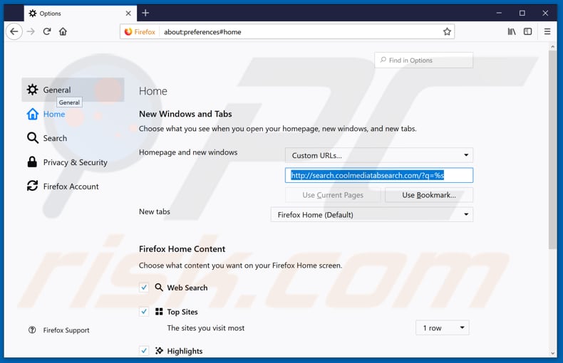 Removing search.coolmediatabsearch.com from Mozilla Firefox homepage