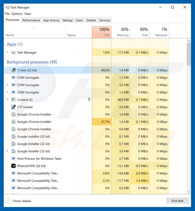 correspondence lokibot virus process in task manager 11.exe