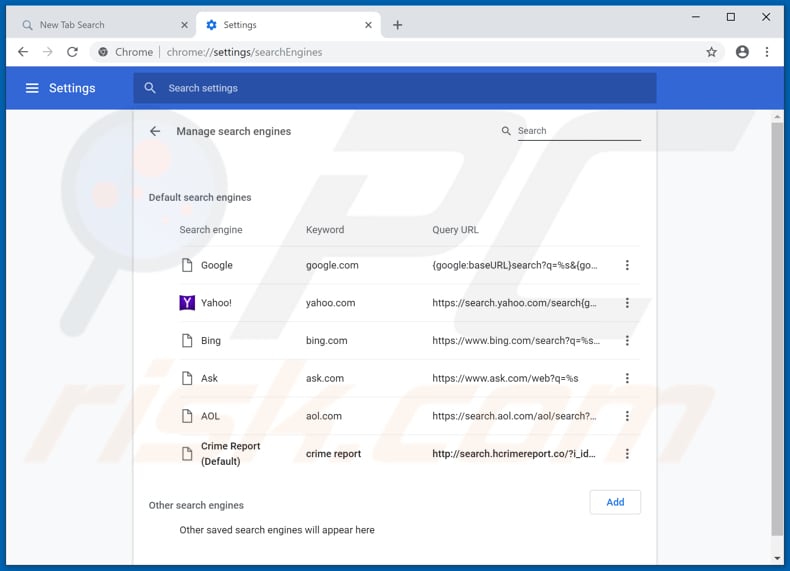 Removing search.hcrimereport.co from Google Chrome default search engine