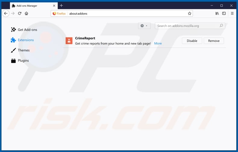 Removing search.hcrimereport.co related Mozilla Firefox extensions