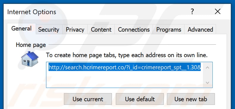 Removing search.hcrimereport.co from Internet Explorer homepage