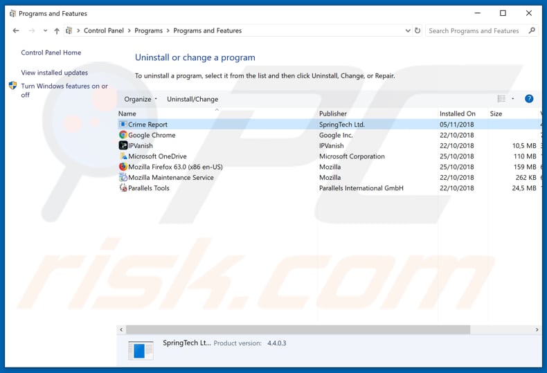 search.hcrimereport.co browser hijacker uninstall via Control Panel