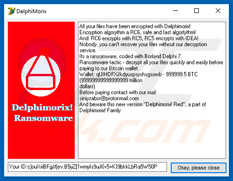 New pop-up of Delphimorix ransomware