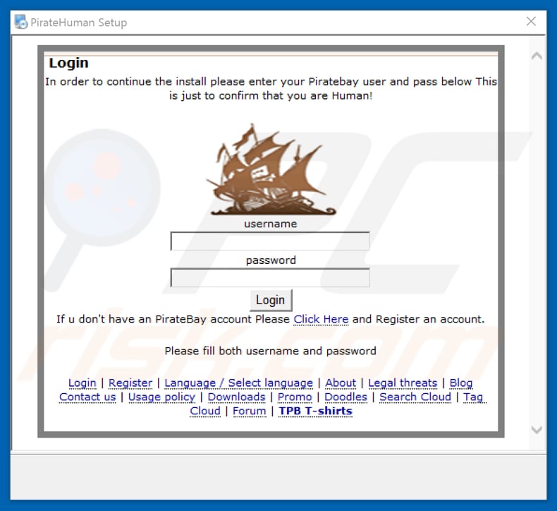Piratebay login page