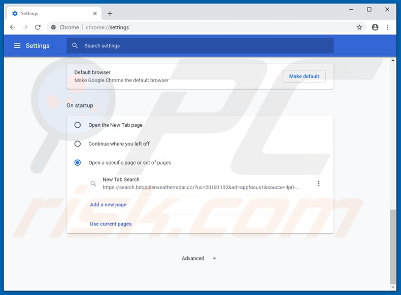 Removing search.hdopplerweatherradar.co from Google Chrome homepage