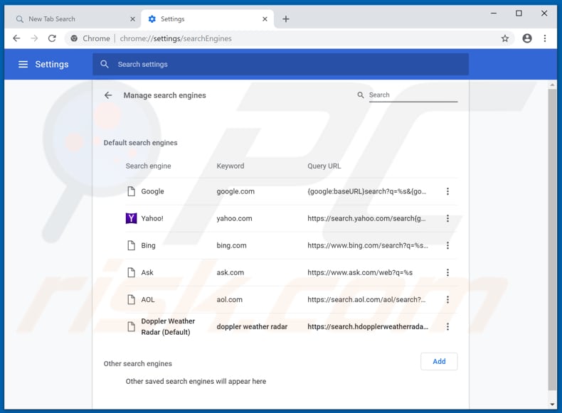 Removing search.hdopplerweatherradar.co from Google Chrome default search engine