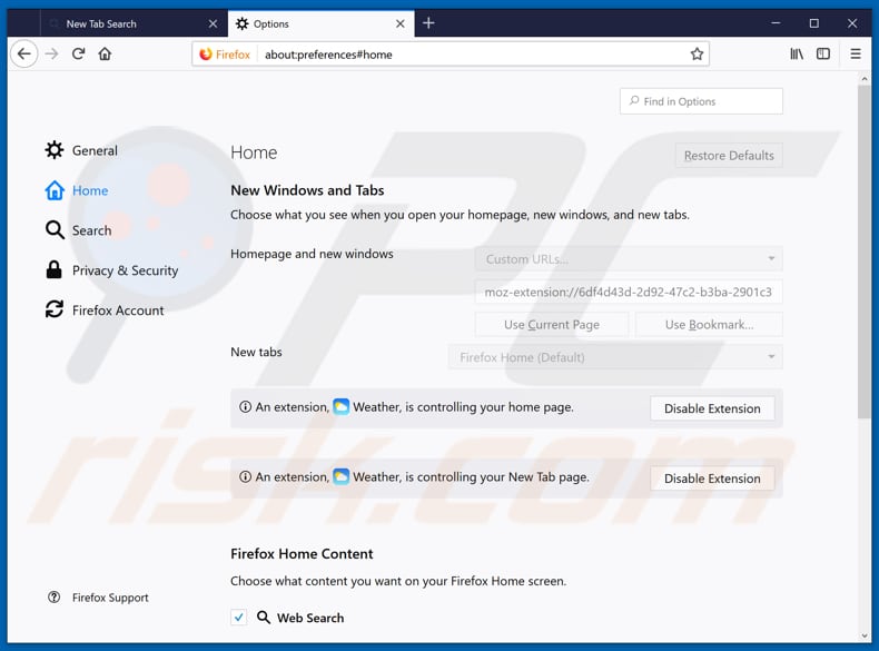 Removing search.hdopplerweatherradar.co from Mozilla Firefox homepage