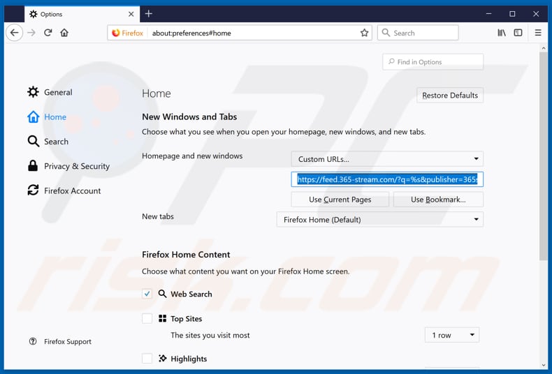 Removing feed.365-stream.com from Mozilla Firefox homepage