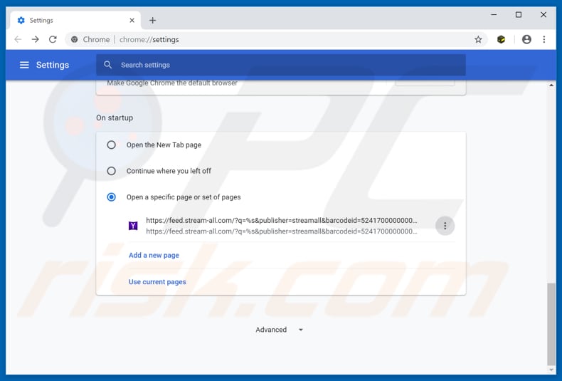 Removing feed.stream-all.com from Google Chrome homepage