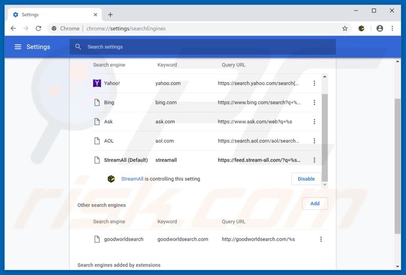 Removing feed.stream-all.com from Google Chrome default search engine