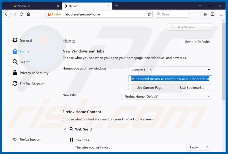 Removing feed.stream-all.com from Mozilla Firefox homepage