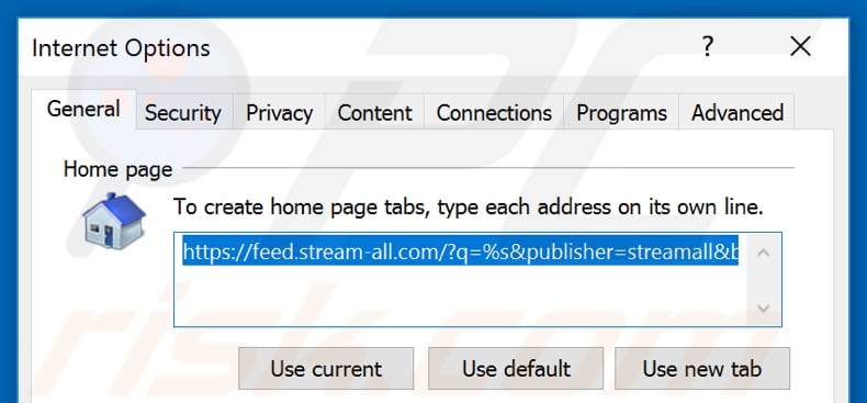 Removing feed.stream-all.com from Internet Explorer homepage