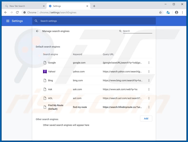 Removing search.hfindmyroute.co from Google Chrome default search engine