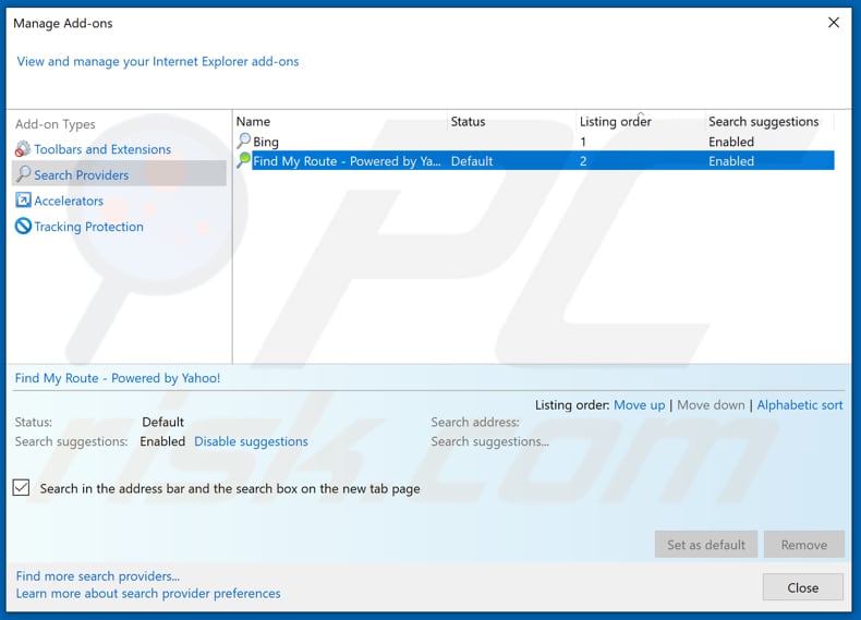 Removing search.hfindmyroute.co from Internet Explorer default search engine