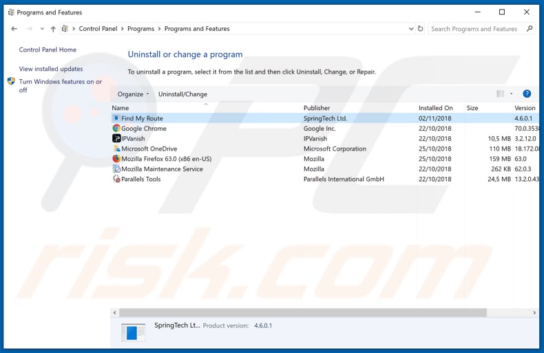 search.hfindmyroute.co browser hijacker uninstall via Control Panel