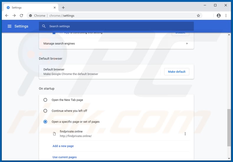 Removing findprivate.online from Google Chrome homepage