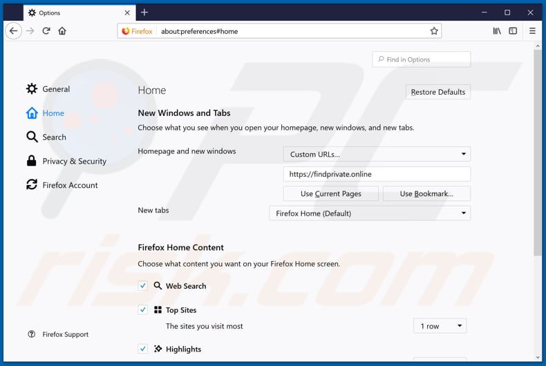 Removing findprivate.online from Mozilla Firefox homepage