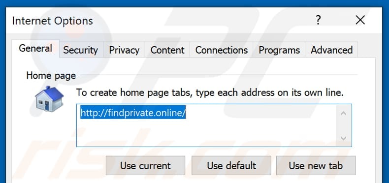 Removing findprivate.online from Internet Explorer homepage