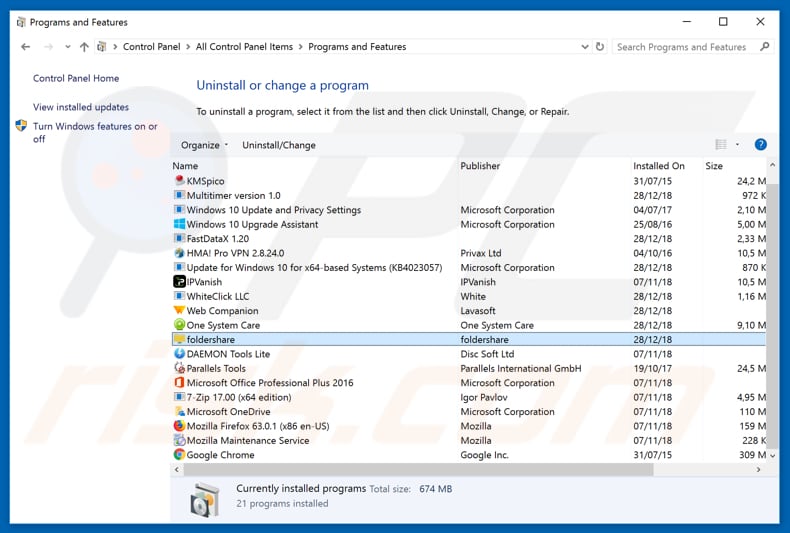Folder Share adware uninstall via Control Panel