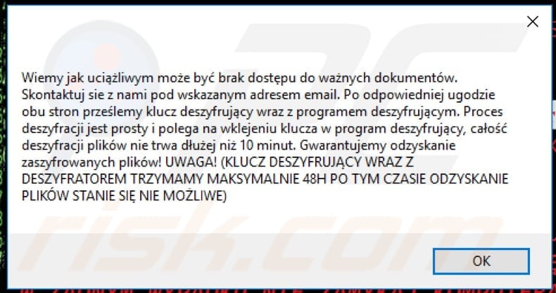 Forma ransomware pop-up displayed after clicking JAK ODSZYFROWAĆ MOJE PLIKI button in full screen