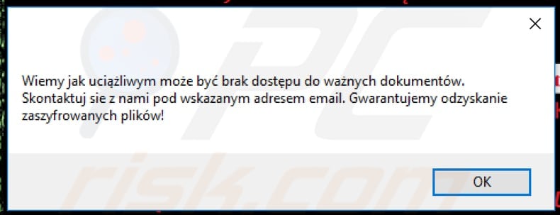 Forma ransomware pop-up displayed after clicking ZMINIMALIZUJ ABY WYSŁAĆ WIADOMOŚĆ EMAIL button in full screen