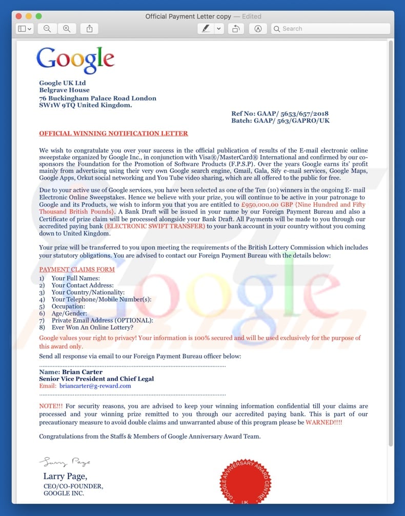 pdf file presented in Google winner scam