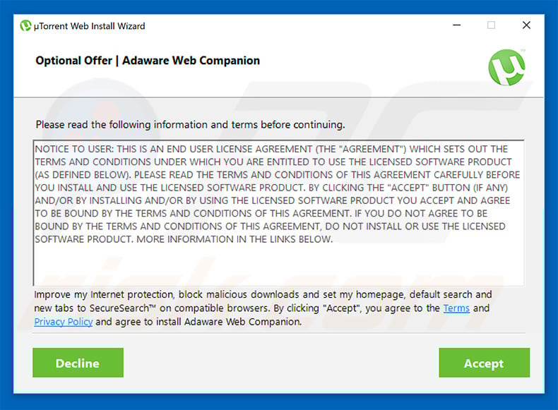 µTorrent installation setup promoting gosearchresults.com