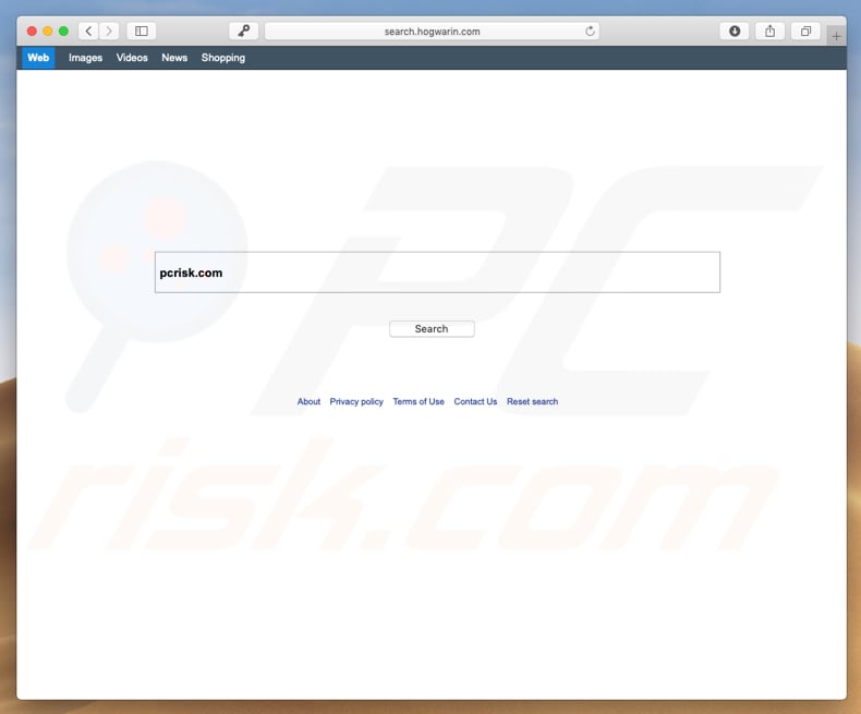 search.hogwarin.com browser hijacker on a Mac computer