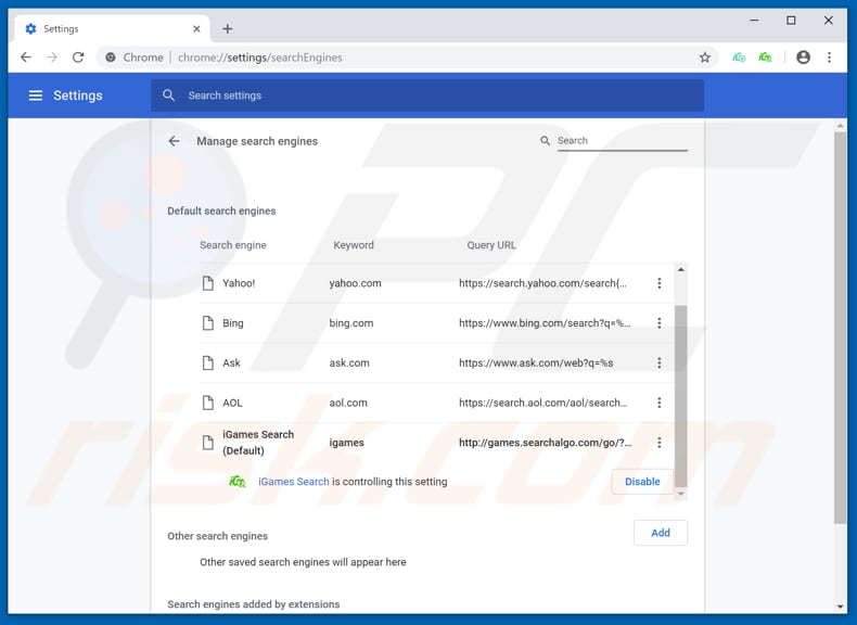 Removing games.searchalgo.com from Google Chrome default search engine