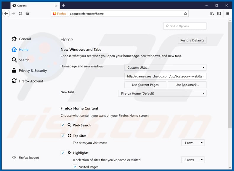 Removing games.searchalgo.com from Mozilla Firefox homepage