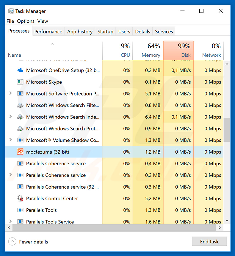 AZORult trojan's process (moctezuma) in Windows Task Manager