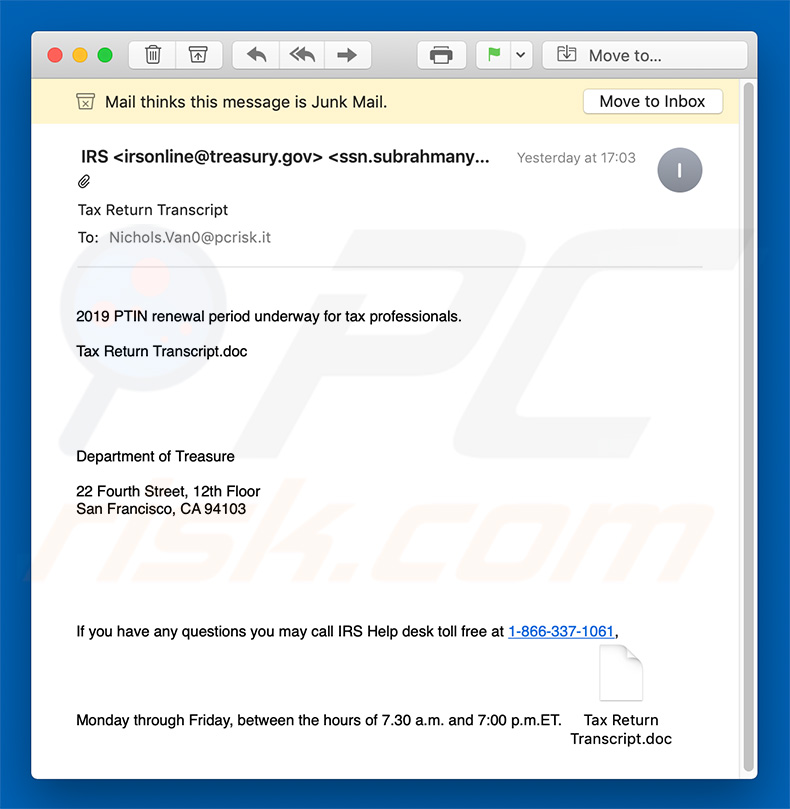 IRS Email virus spam campaign letter