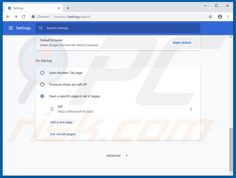 Removing lifesearch16.club from Google Chrome homepage