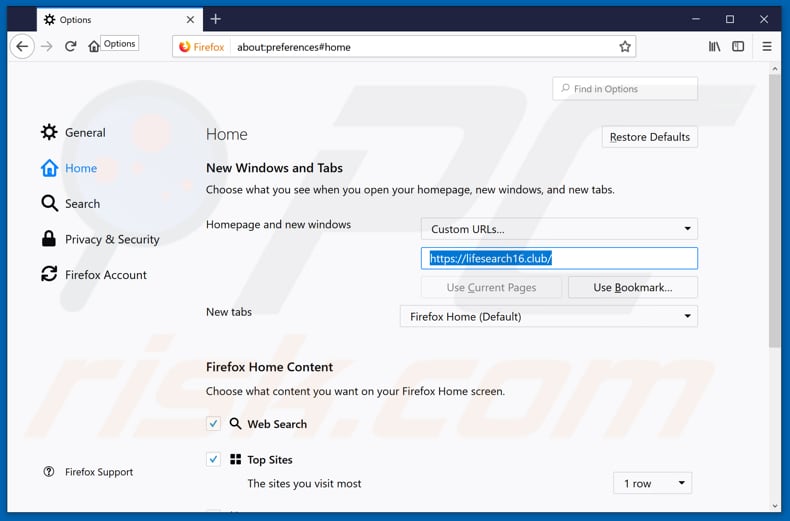 Removing lifesearch16.club from Mozilla Firefox homepage