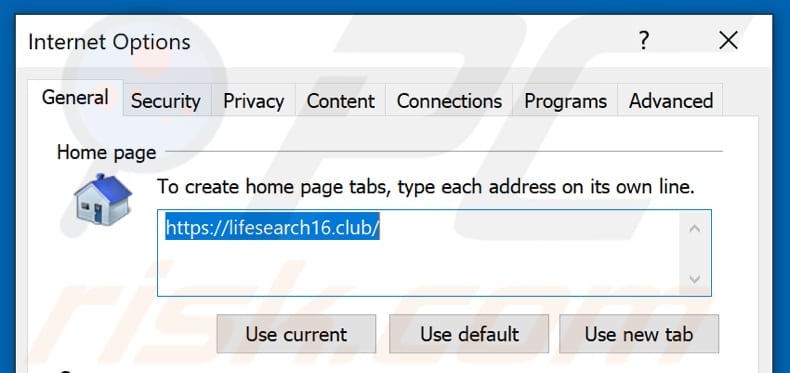 Removing lifesearch16.club from Internet Explorer homepage