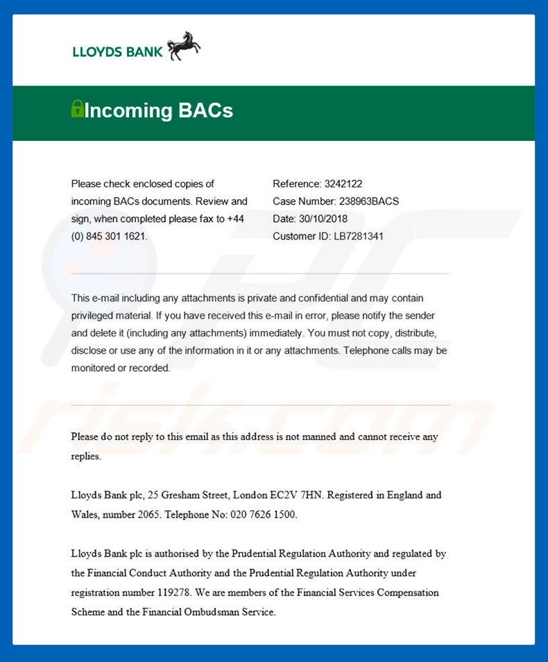 Lloyds Bank Email Virus email (sample 2)