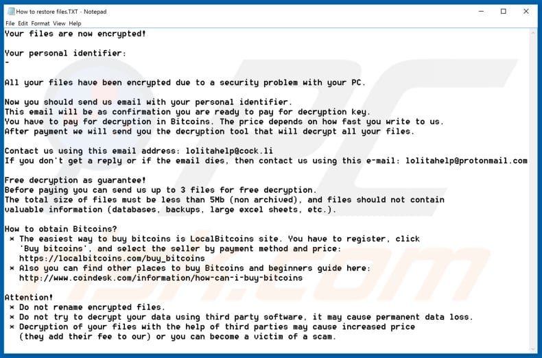 Lolita ransomware ransom note (How to restore files.TXT)