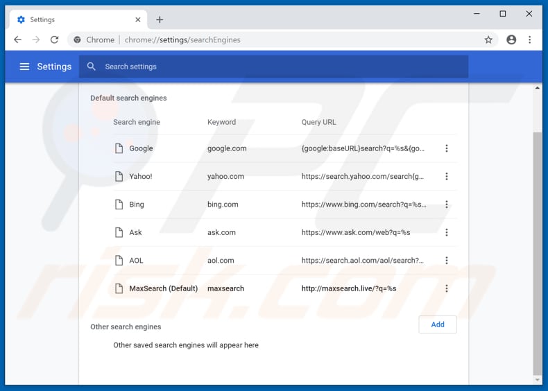 Removing maxsearch.live from Google Chrome default search engine