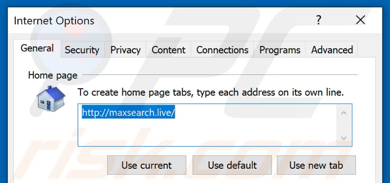 Removing maxsearch.live from Internet Explorer homepage