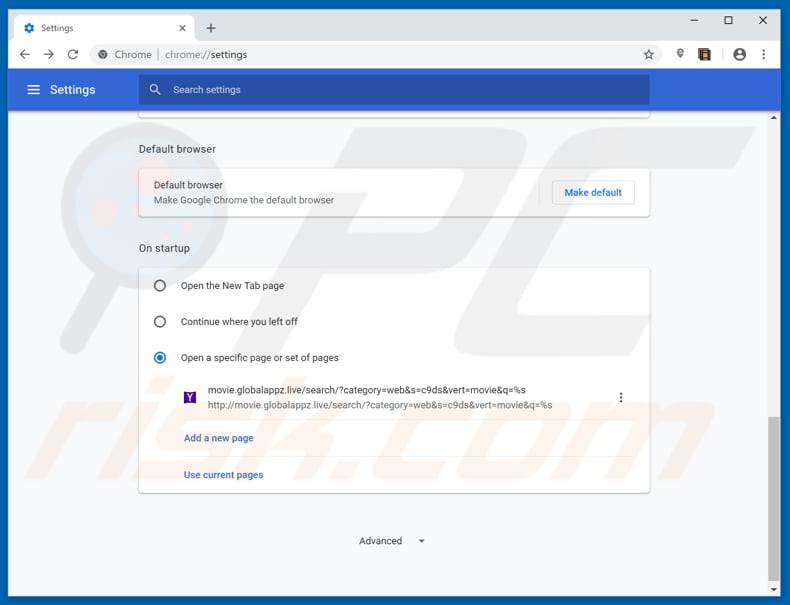 Removing movie.globalappz.live from Google Chrome homepage