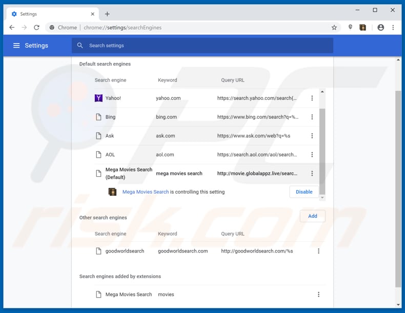 Removing movie.globalappz.live from Google Chrome default search engine