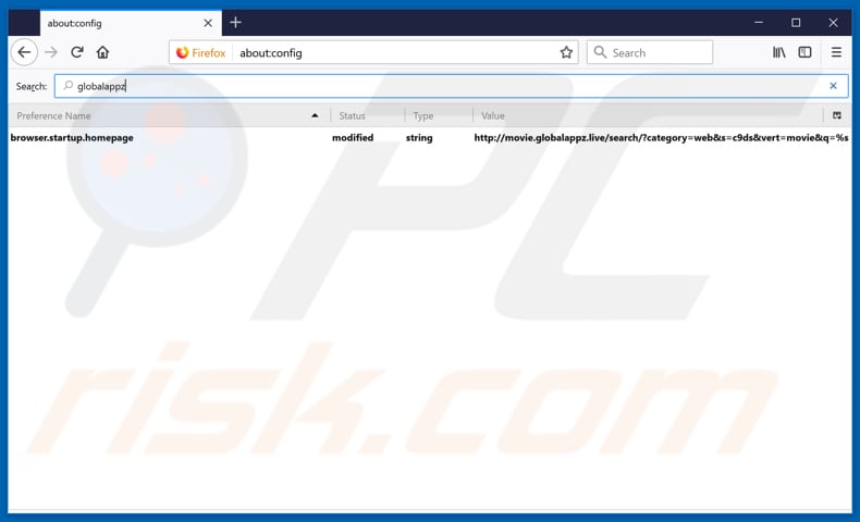 Removing movie.globalappz.live from Mozilla Firefox default search engine