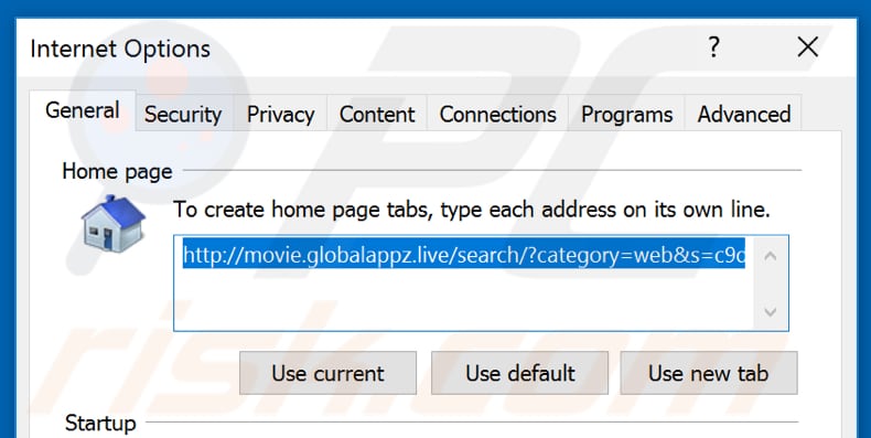 Removing movie.globalappz.live from Internet Explorer homepage