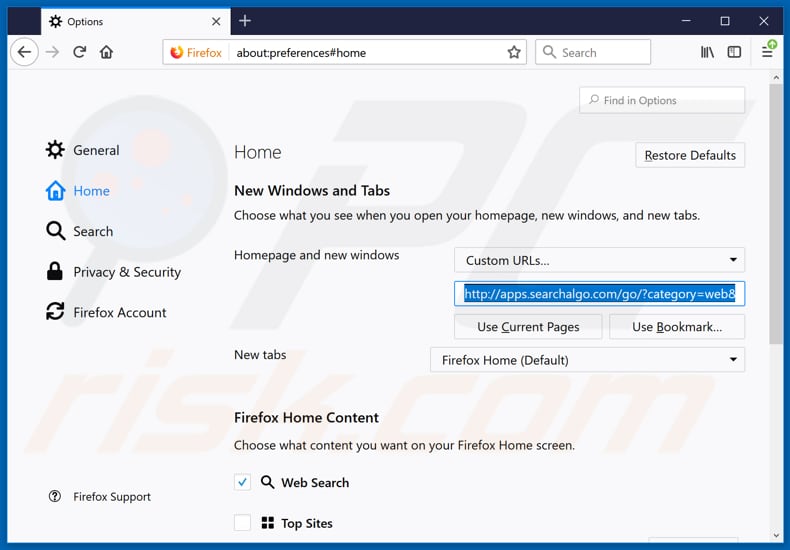Removing searchalgo.com from Mozilla Firefox homepage