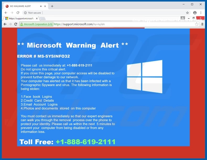 MS MALWARE ALERT pop-up website