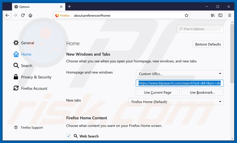 Removing blpsearch.com from Mozilla Firefox homepage