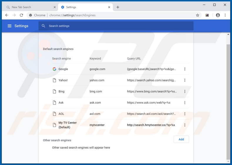 Removing search.hmytvcenter.co from Google Chrome default search engine