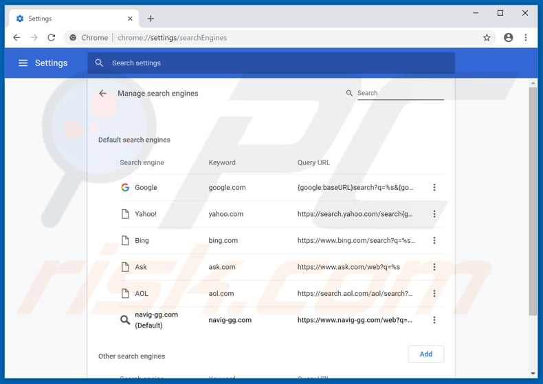 Removing navig-gg.com from Google Chrome default search engine